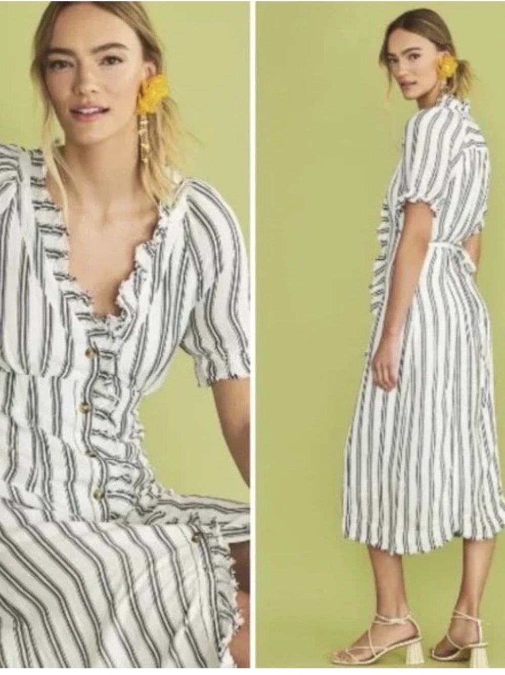 Pilcro Cream Dress with Navy Vertical Stripes and Tie Waist